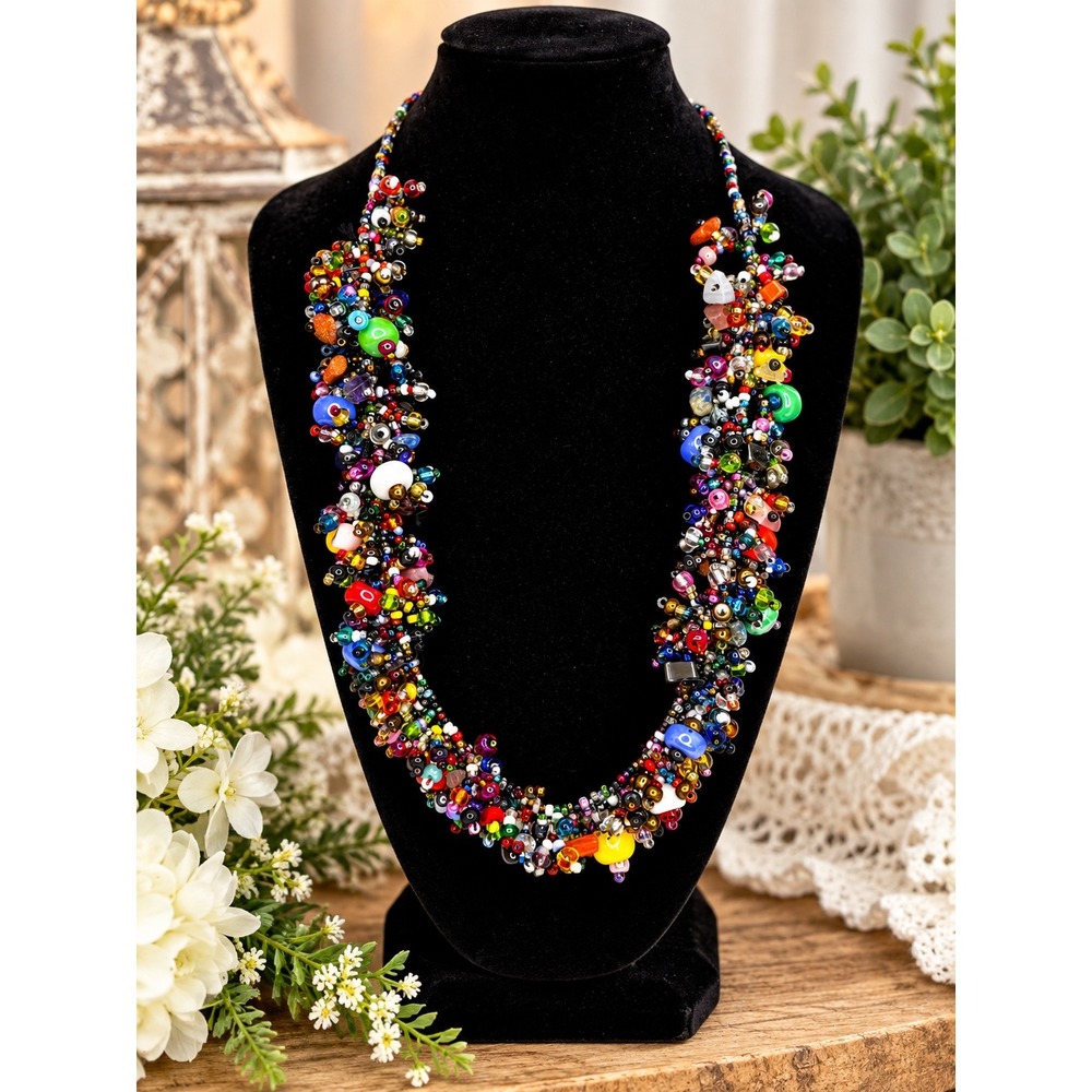Multicolor Seed Bead Cluster Statement Necklace Boho Maximalist Bib 20 Inch